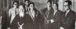 O'sensei with his son Kishomaru Ueshiba, Kato Hiroshi, Kisobaru Osawa, Yoshimitsu Yamada senseis (circa 1961,Hombu Dojo)