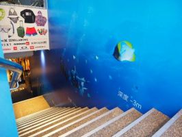 ダイビングショップmic21新宿店は階段を下りた地下一階にあります。目の前の道路を歩いていると突如海の世界が広がります。